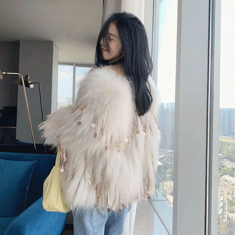 2026年冬新作　フレンドリーフォックスファー　タッセル付きファーコート　環境に優しい　レディース　ショート丈　おしゃれ　上品　ラクーンファー風コート