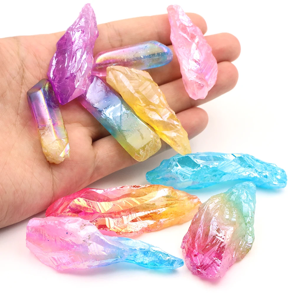 Rainbow Electroplated Raw Quartz Crystal Points Irregular Aura Crystal Wand Energy Healing Gemstone For DIY Craft Home Ornament
