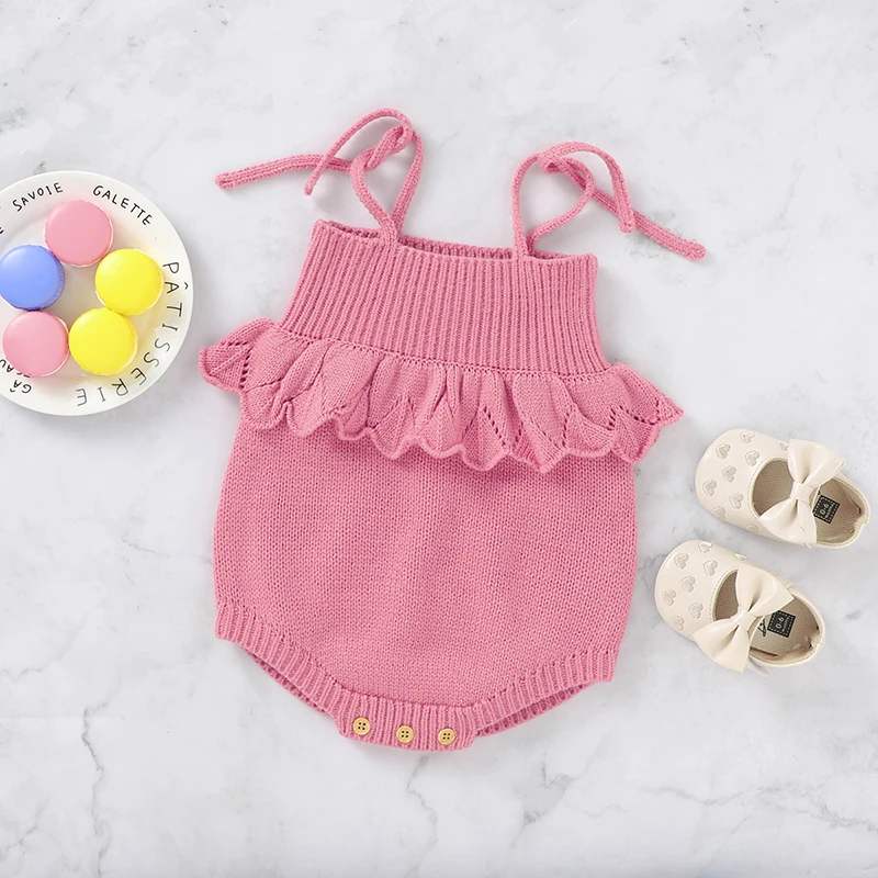 Newborn Baby Bodysuit Knit Infant Girl Boy Jumpsuit Fashion Solid Ruffles Toddler Kid Sling Clothes Sleeveless 0-18M Top Romper