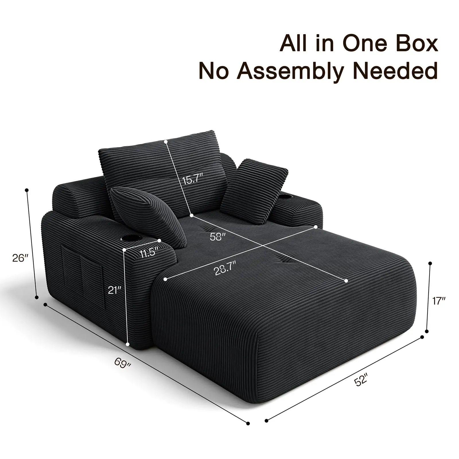 69” Oversized Chaise Lounge Chair Indoor, Soft Boneless Chaise Lounge Reading Chairs with 4 Side Pockets and 2 Cup