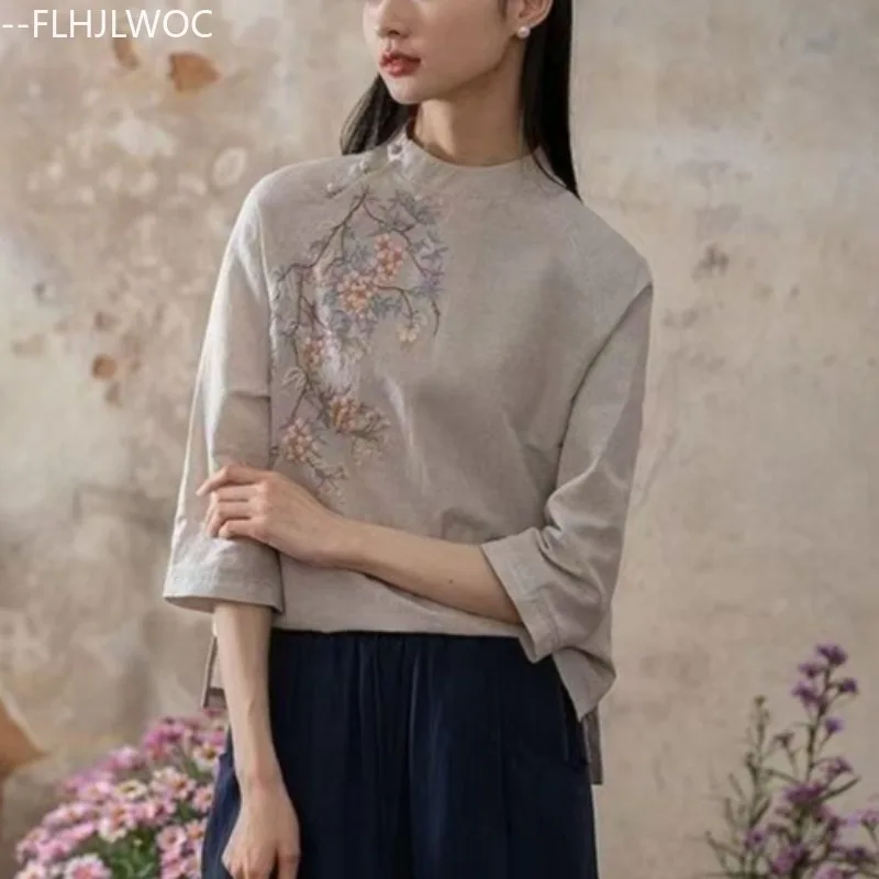 

Chinese Style Stand Collar Cotton Linen Embroidery Tops Blouses Woman New 2025 Chic Button Basic Retro Vintage Shirts