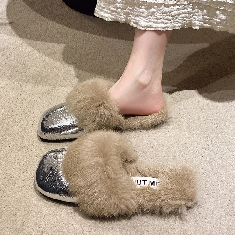 Fur Mules Shoes Women Slippers Warm Home Flats Cotton Shoes Winter 2024 Trend Fashion Flip Flops Brand Casual Plush Zapatos Lady