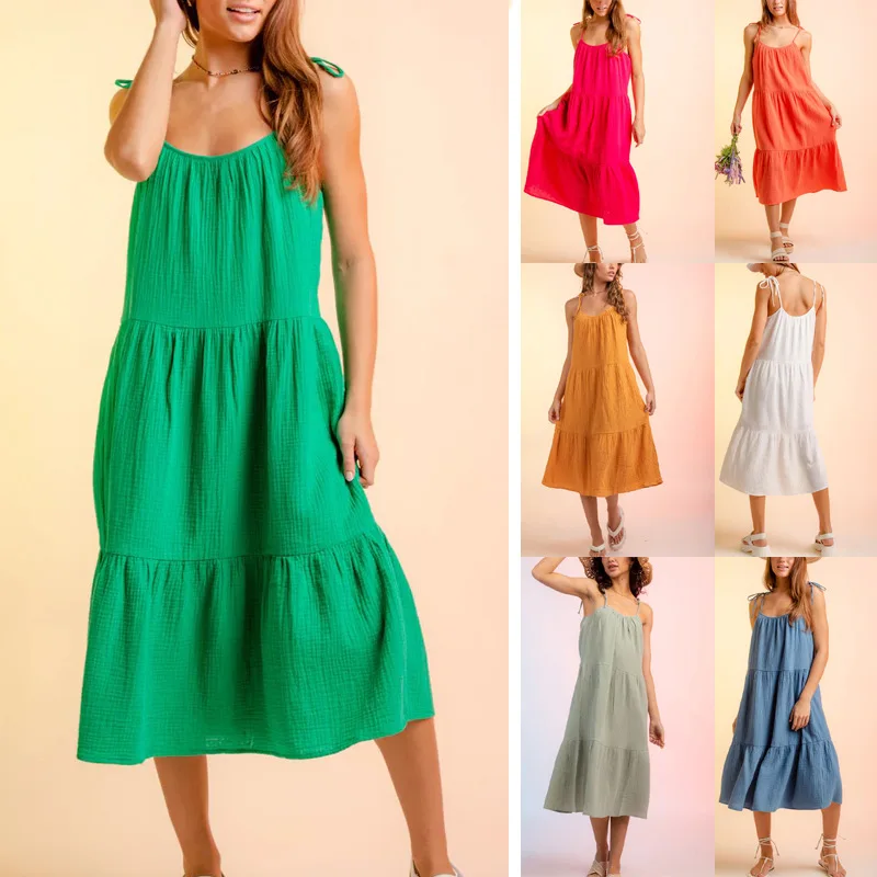 High Quality2024 Summer Solid Slip Casual Womens Dress New Sexy Fashion Chic Pleated Loose Dresses for Women Candy Comfort Skirt