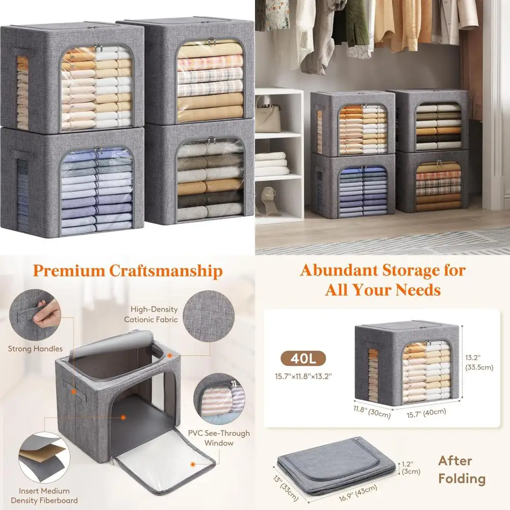 

Stackable Metal Frame Storage Bins, Collapsible 40L Fabric Organizers with Clear View, Zippers, and Handles, 4-Pack