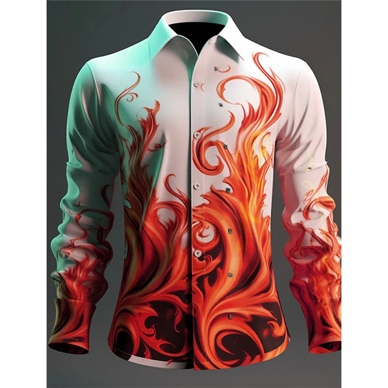 3D Print Flame Graphic Casual Button Down Shirts For Men Daily Wear Long Sleeve Turndown Large Size Tee Shirt Mens Blouse