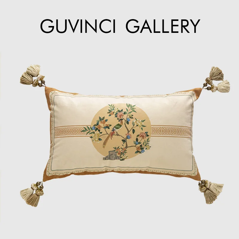 

GUVINCI GALLERY California Impression Inspired Cushion Cover Luxe Classical Floral Birds Pattern Lumbar Pillow Case With Tassels