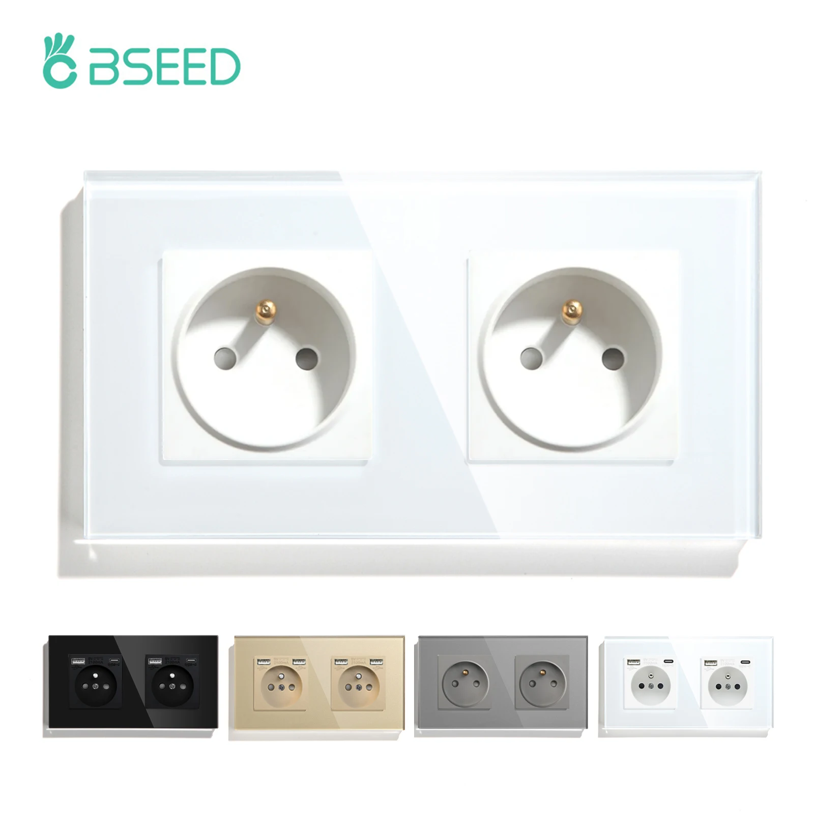 

BSEED France Poland Standard Double Wall Socket 16A White Black Glod Crystal Glass Panel 157mm 110V-250V Electrical Outlet