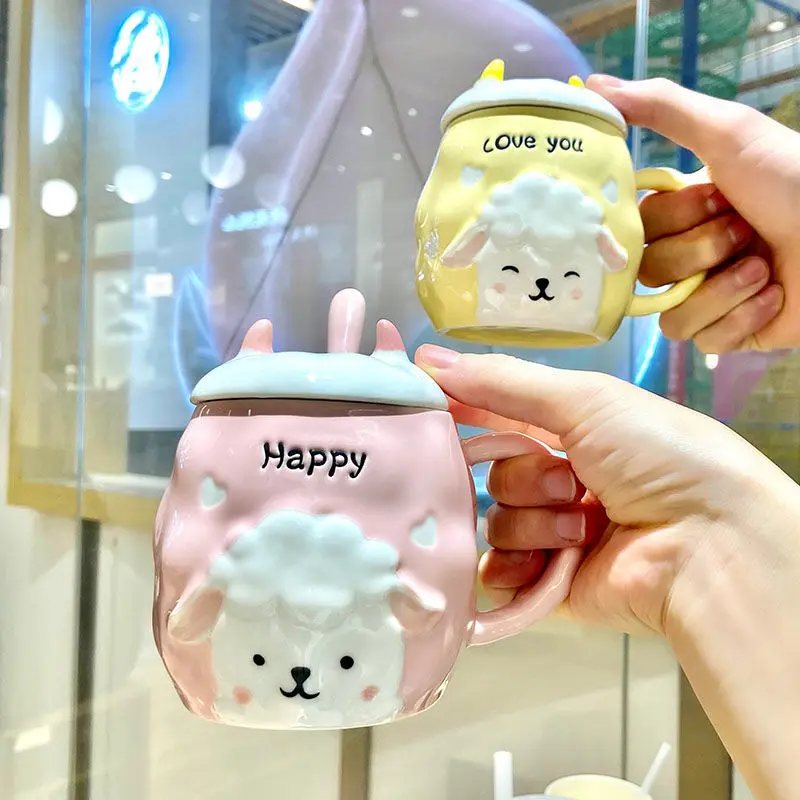 Cartoon Animal Sheep Ceramic Mug, Milk Cup, Coffee Cup, Milk Cup for Office, Home Hot Water Mug, Clear Class