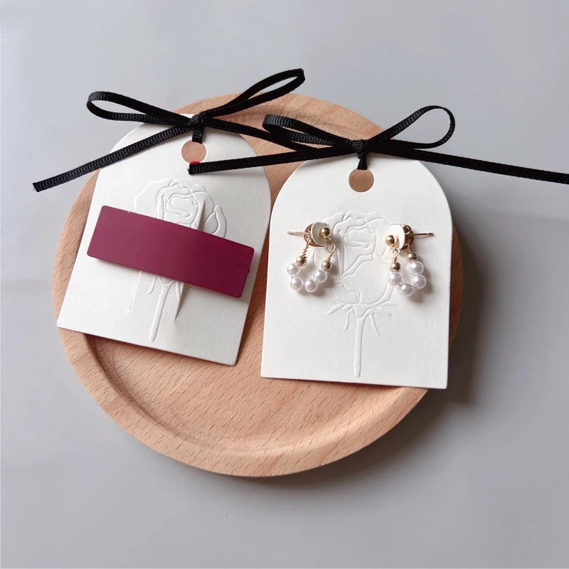 50pcs Embossed Rose Earring Display Cards 6×8cm White Paper Tags with Black Ribbon for Jewelry Packaging Boutique Retail Gifting