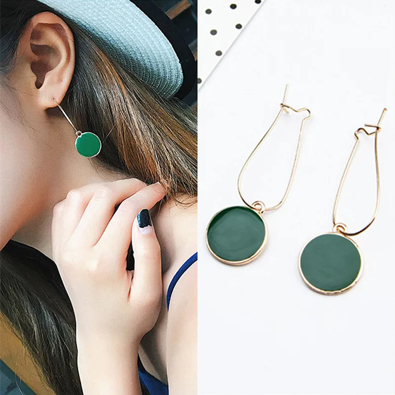 New Selling Simple Green Circle Small Fresh Girls Earrings Female Personality Wild Vintage Round Earrings