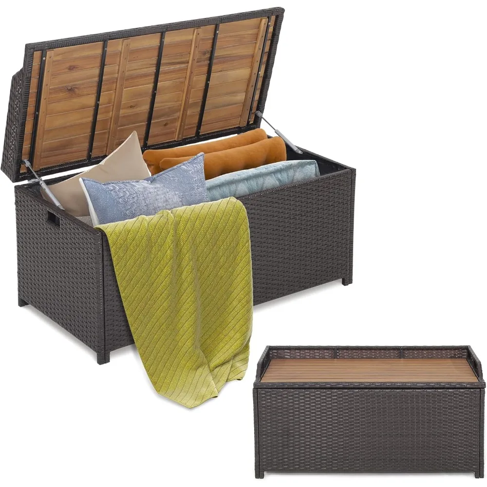 

Rattan Storage Container with Zippered Liner, Sturdy Gas Strut Support, 3-in-1 Multifunctional Deck Box for Front Porch, Garden