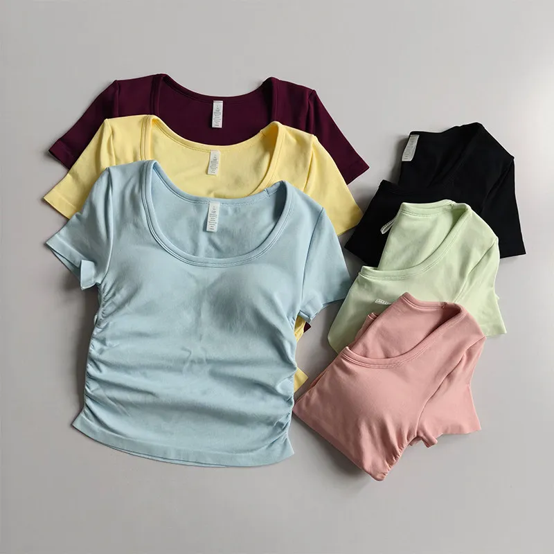 

Women Yoga Sports Tops with Chest Pads Short-Sleeved Gym Pilates Running T-shirts Tight-Fitting Slimming Summer Fitness Clothes