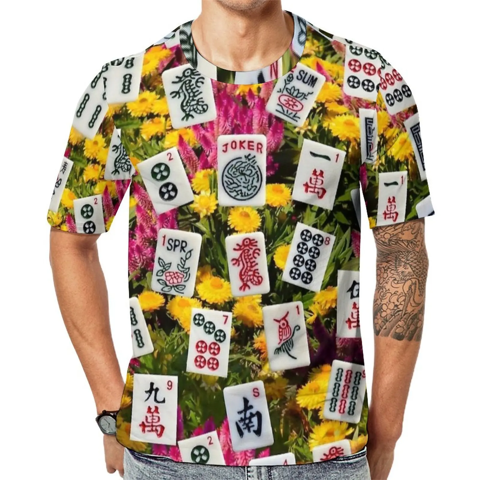 Floral Mahjong Tile Print T Shirt For Male Design O Neck T Shirts Summer Fashion Tops Short Sleeve Aesthetic Plus Size Tees Gift