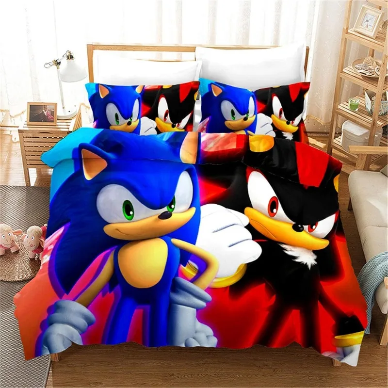 Sonic Duvet Cover - Polyester & Rayon, Sonic Room Decor Duvet Cover Set, 1 Duvet Cover and 2 Pillowcases, Kids Birthday Gift