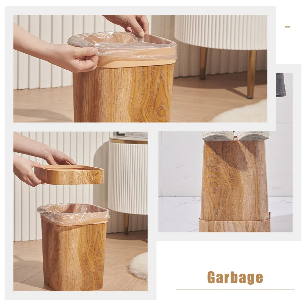 

Imitation Wood Grain Trash Can Small Waste Basket Retro Decor Square Garbage Container Plastic Material Household Kitchen Living