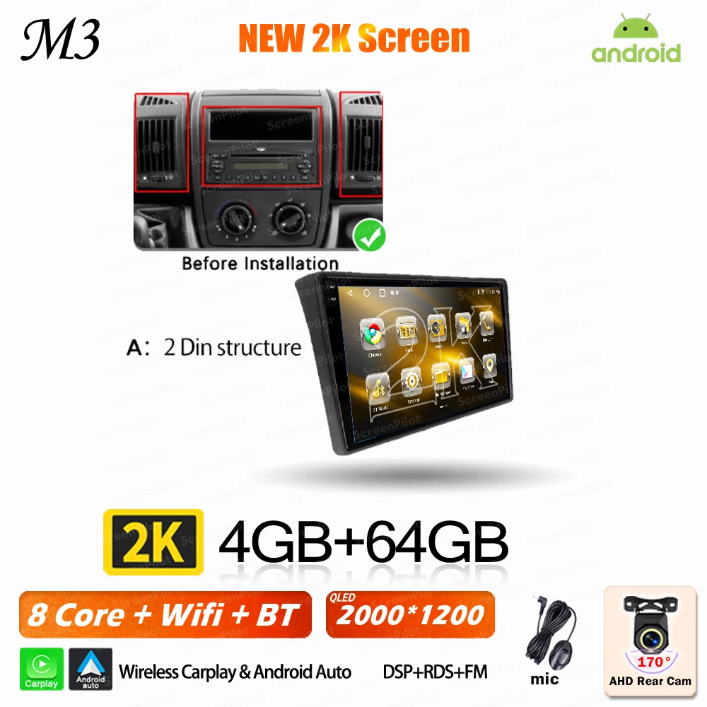 Android 16 voor Fiat Ducato Peugeot Boxer Citroen Jumper 2 2006-2022 Carplay Android Auto 2K QLED Wifi GPS autoradio multimediasysteem 5G