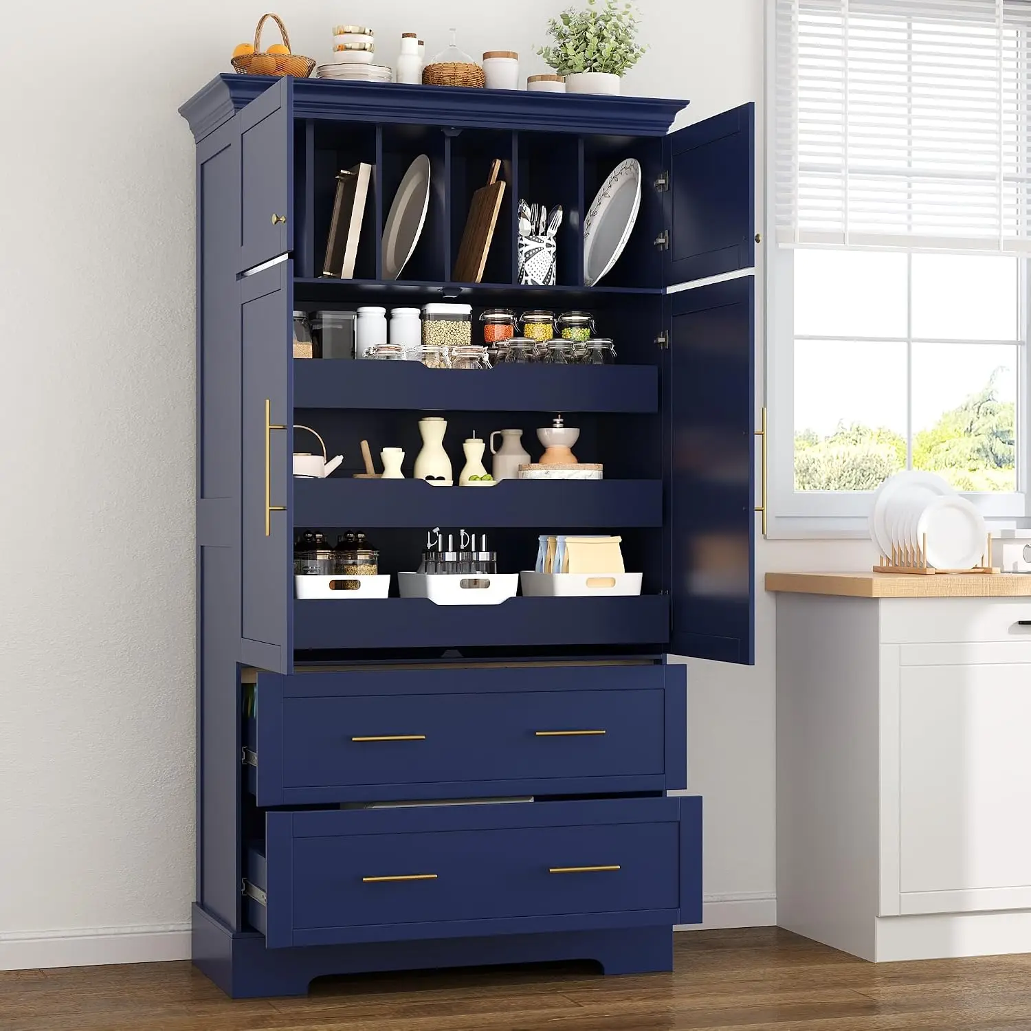 Kitchen Pantry Cabinet Freestanding Storage with Pull-Out Trays, Customized