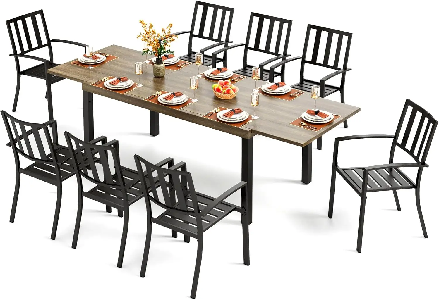 

9 Piece Outdoor Dining Set for 8, Expandable Wood-like Metal Dining Table & Wrought Iron Stackable Chairs