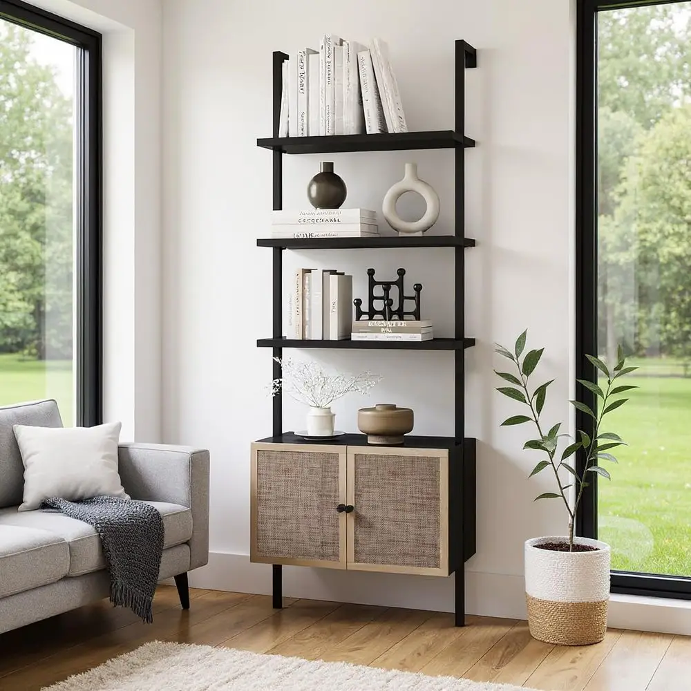 

6-Tier Ladder Bookshelf with Rattan Cabinet, Wall-Mounted Metal Storage Shelves for Home Office, Living Room, and Bedroom, Black