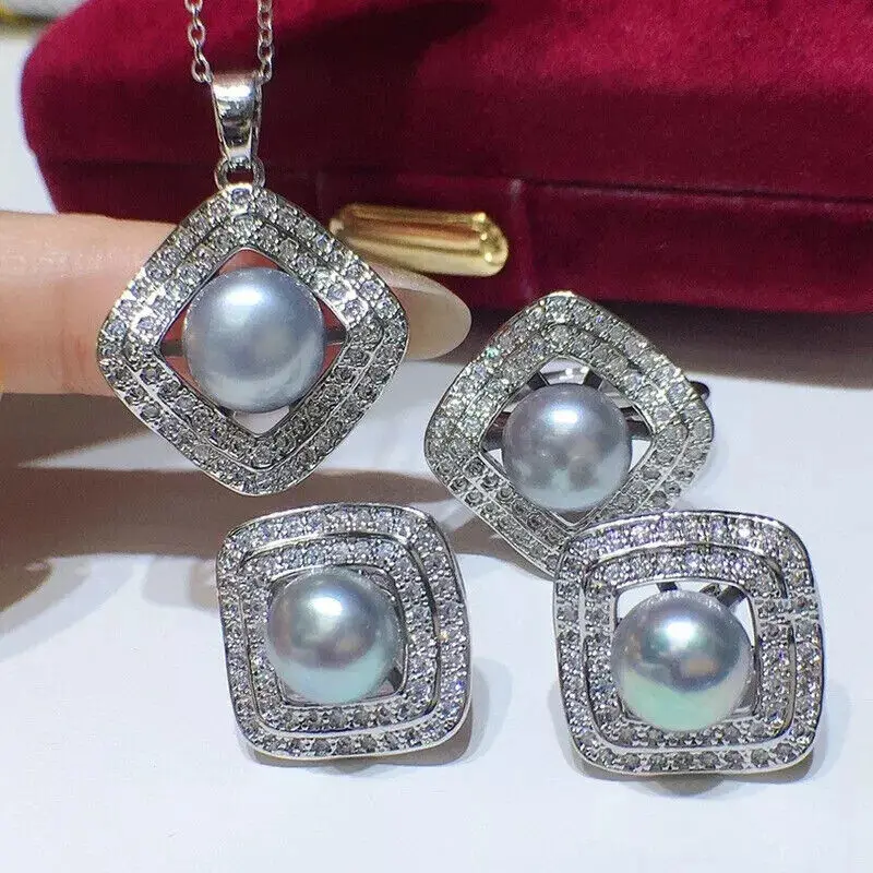 

Gorgeous AAAA 8-9mm South Sea Grey Women's Pearl Pendant Earrings Ring Set 925 Silver