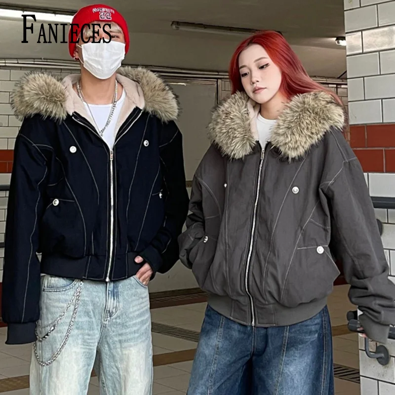 

Y2k Harajuku Parkas Winter Warm Cotton-Padded Jackets Fur Collar Hooded Zipper Loose Casual Coat Hip-hop Gothic Women&Men куртка