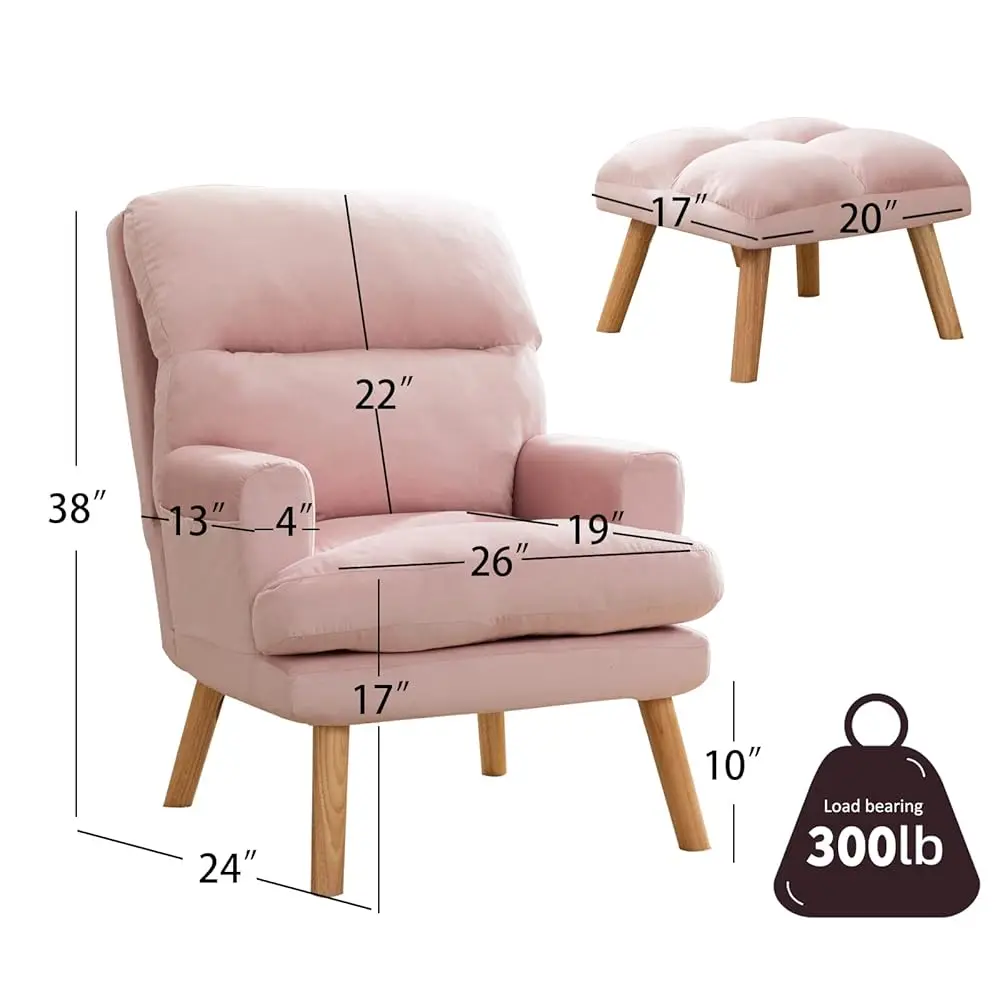 Modern Accent Chair With Ottoman, Soft Fabric Armchair With Adjustable Backrest And Side Pockets, Comfy Lounge Chair For Living