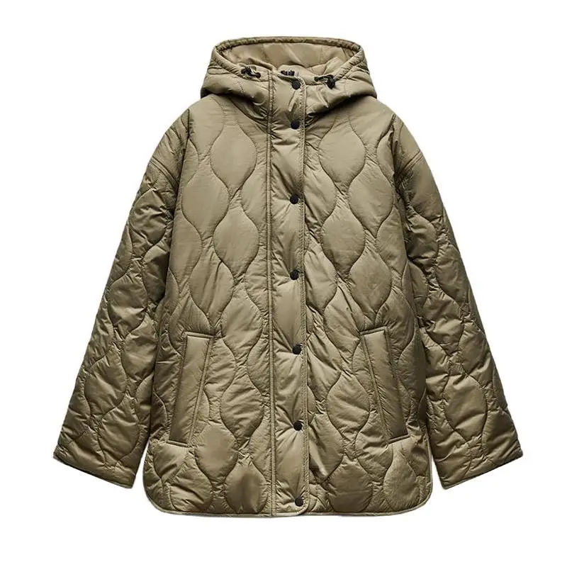 

Spring New Diamond Large ket Loose Long Sve Hooded Cotton Jaet Mid-Length Coat 5854222 Women's Faion Cotton Outerwear