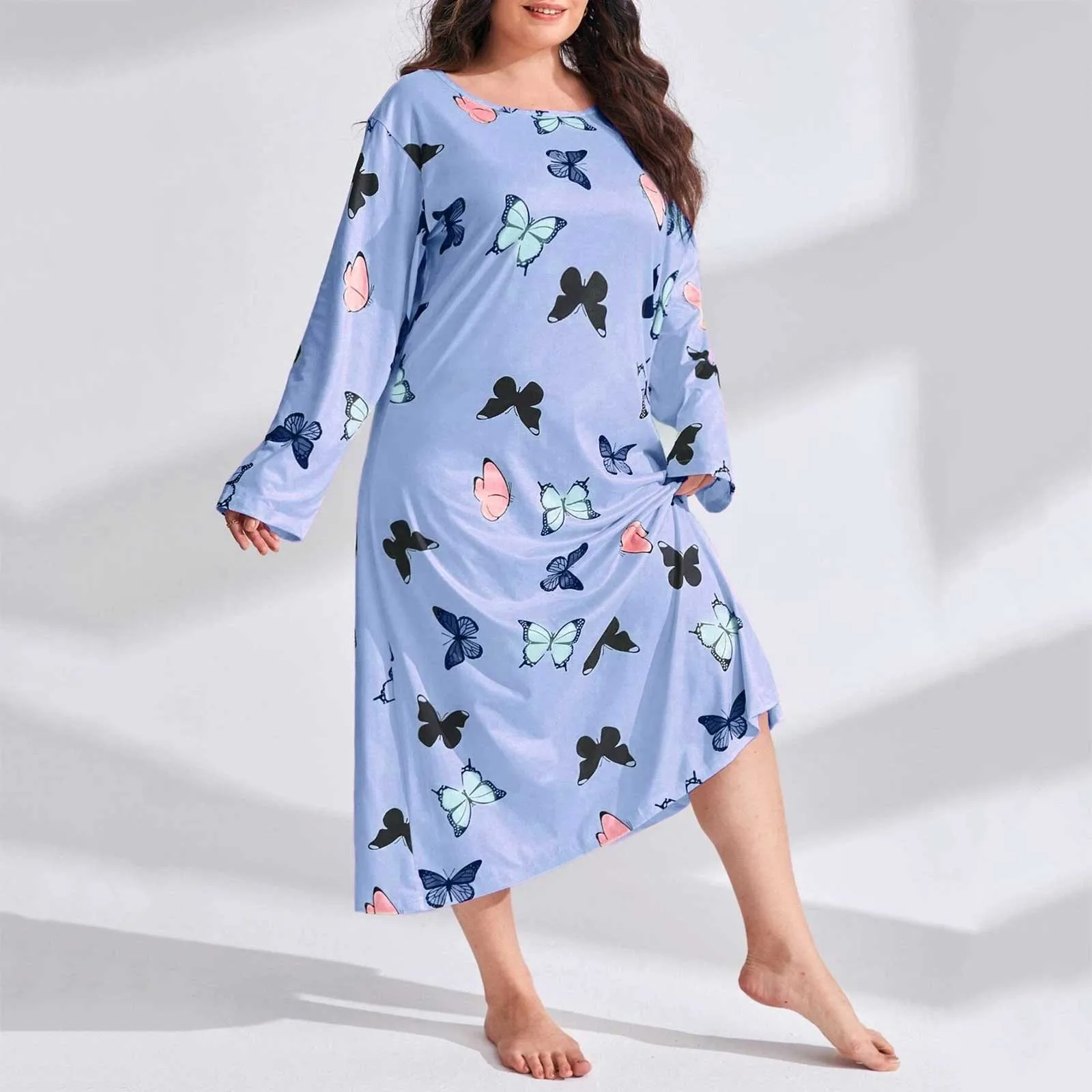 Soft Pajama Casual Set Women Long Sleeve Print Shoulder Drop Oversize Casual Long Sleepwear Dress Koszule Nocne