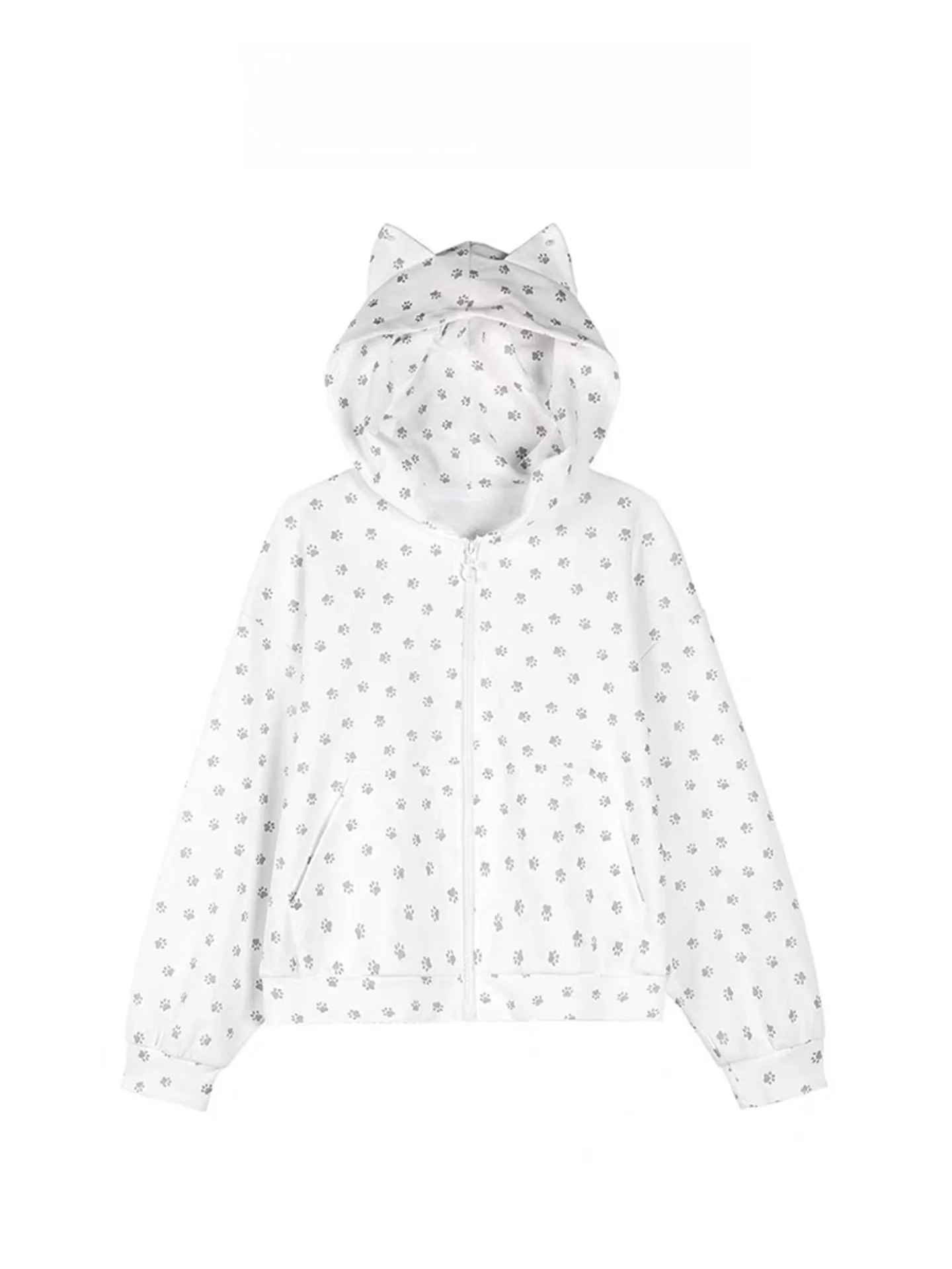 

Милая толстовка на молнии с капюшоном и ушками, женская, весна-осень, новая, с принтом собачьих лап, парная, в стиле кэжуал, с длинным рукавом