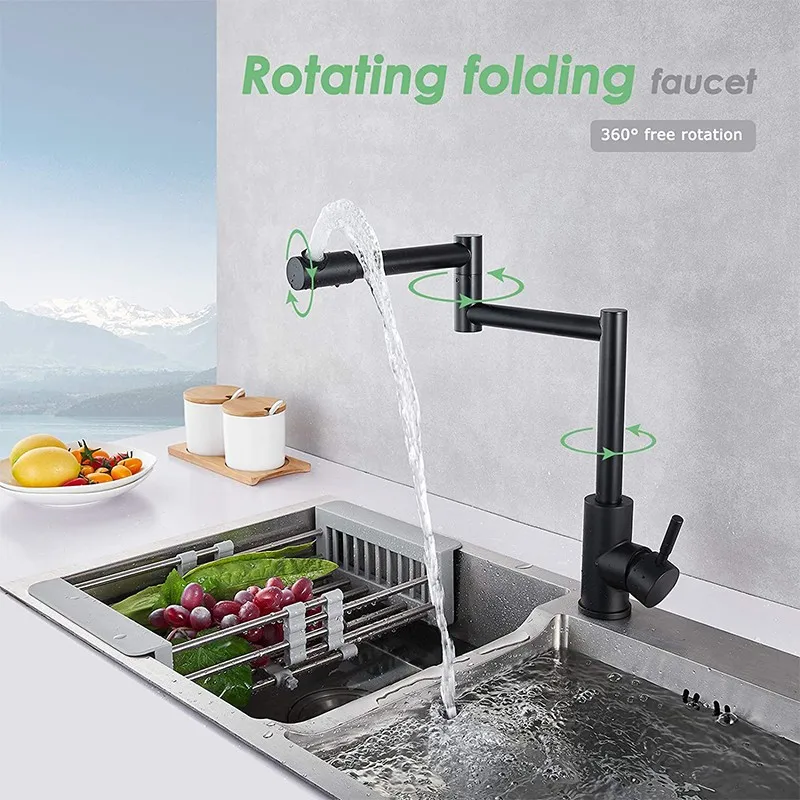 304 Stainless Steel Arm Swivel Extends Kitchen Sink Faucet Black/Nickel Hot And Cold Mixed Universal Folding Kitchen Sink Tap view 4