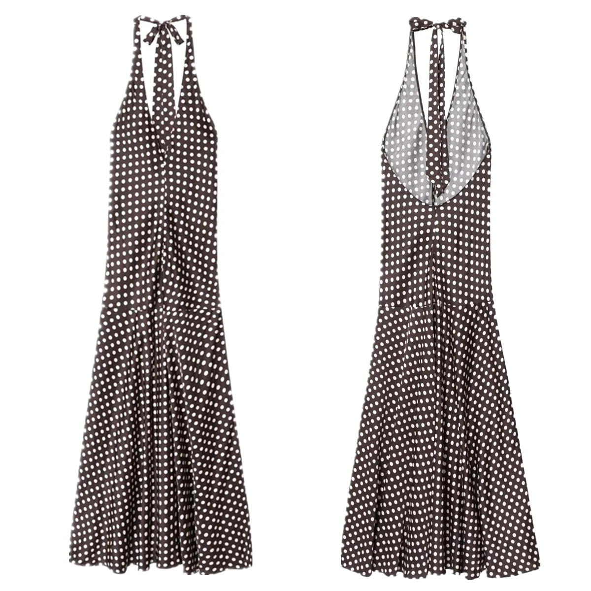 

Maxdutti French Elegant Retro Polka Dot Brown Dress Party Sexy Backless Halter Neck Midi Dress Women Vestidos