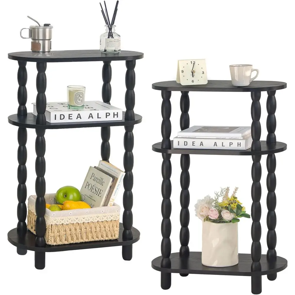2-Piece Compact 3-Tier Side Table Set with Storage for Bedrooms and Living Rooms in Black