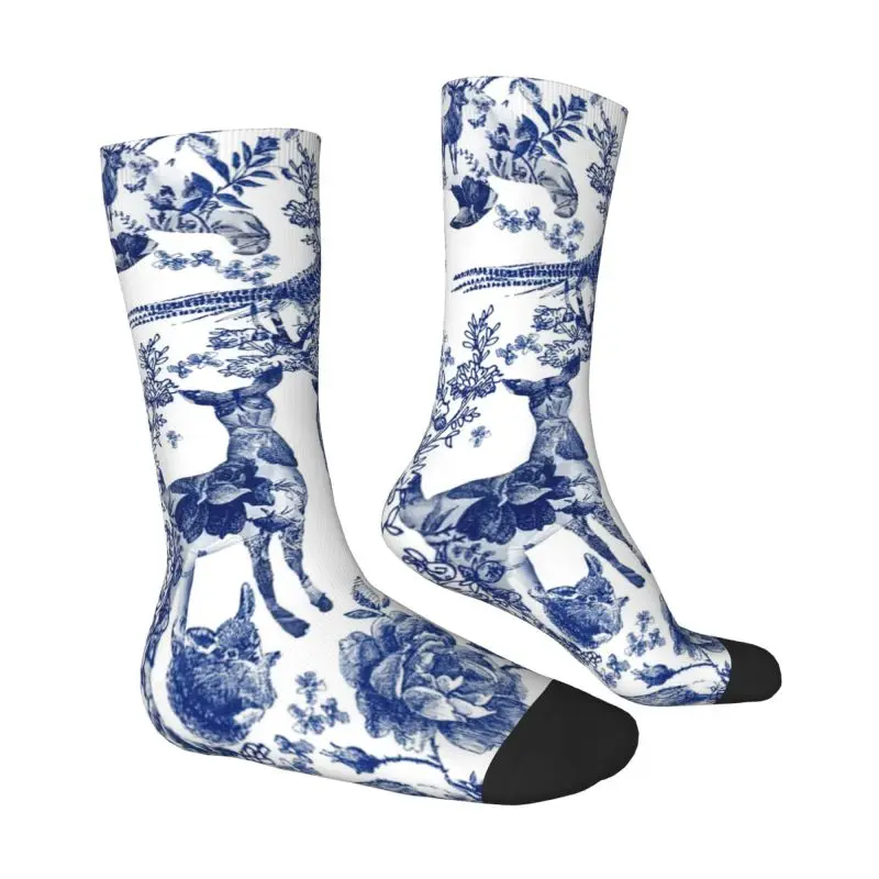 Vintage French Toile De Jouy Dress Socks Men Women Warm Fashion Floral Animal Forest Indigo Pattern Crew Socks