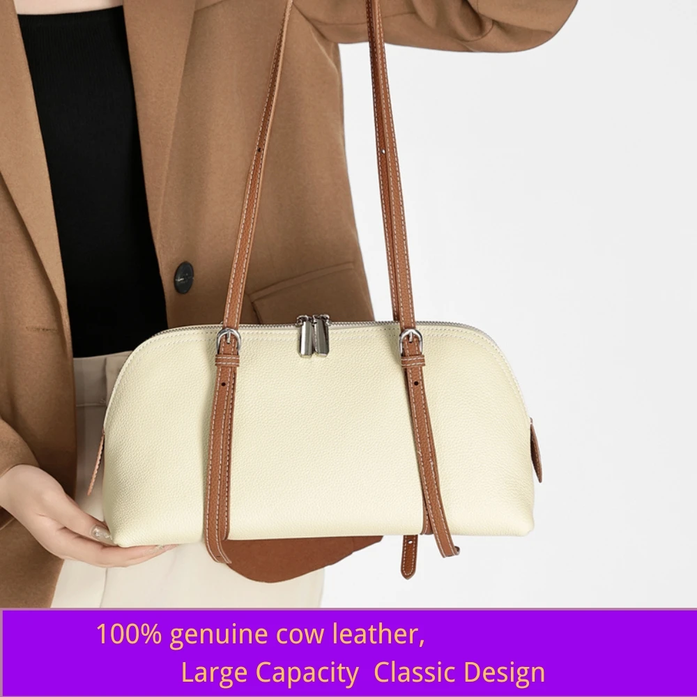 Fashion Women Cowhide Genuine Leather Solid Color Tote Bag Large Capacity Shoulder Bag Trendy Versatile All-match Commuting Bag