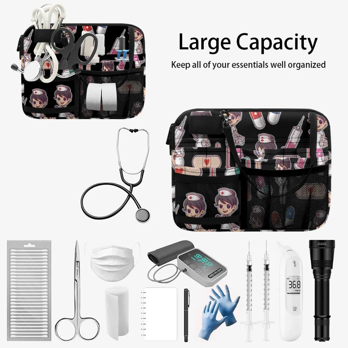 Cartoon Nurse Medical Equipment Print Fashion Belt Bag Adjustable Strap Casual Portable Waist Bag Stethoscope Medicine Bandage