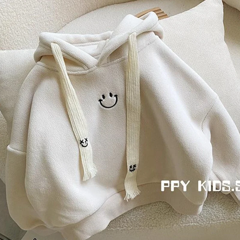 Sudaderas con capucha para niños, sudaderas de algodón grueso de terciopelo Beige, Tops cálidos de invierno y otoño, ropa para bebés, adolescentes y