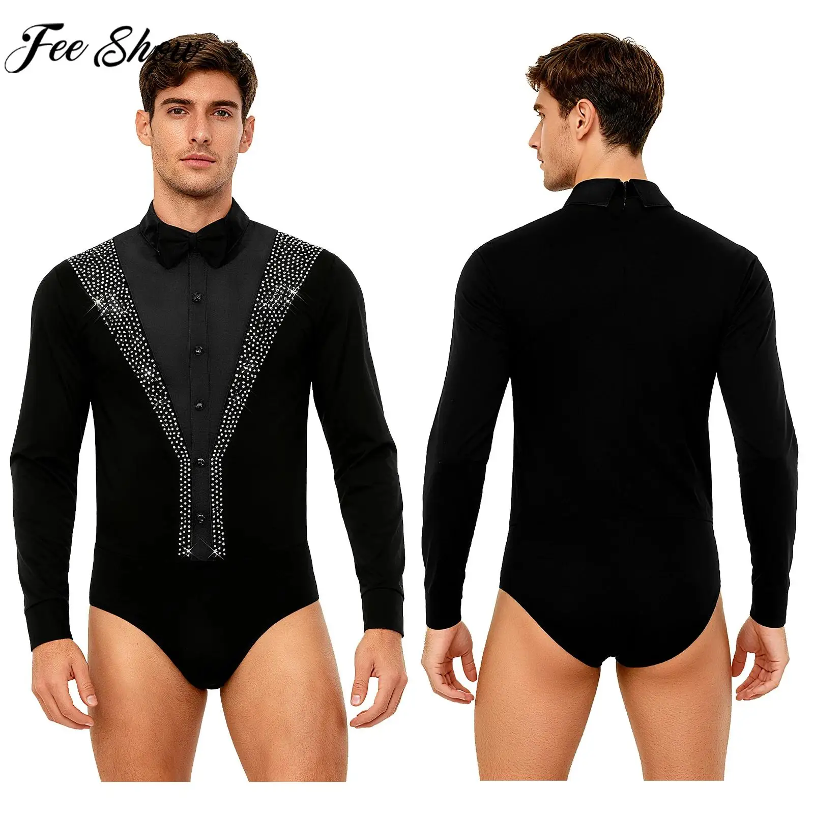 

Мужское боди для латинских танцев, фигурное катание, танго, бальных танцев, ча-ча, румба, костюм с длинными рукавами, стразы, купальник на молнии с галстуком-бабочкой