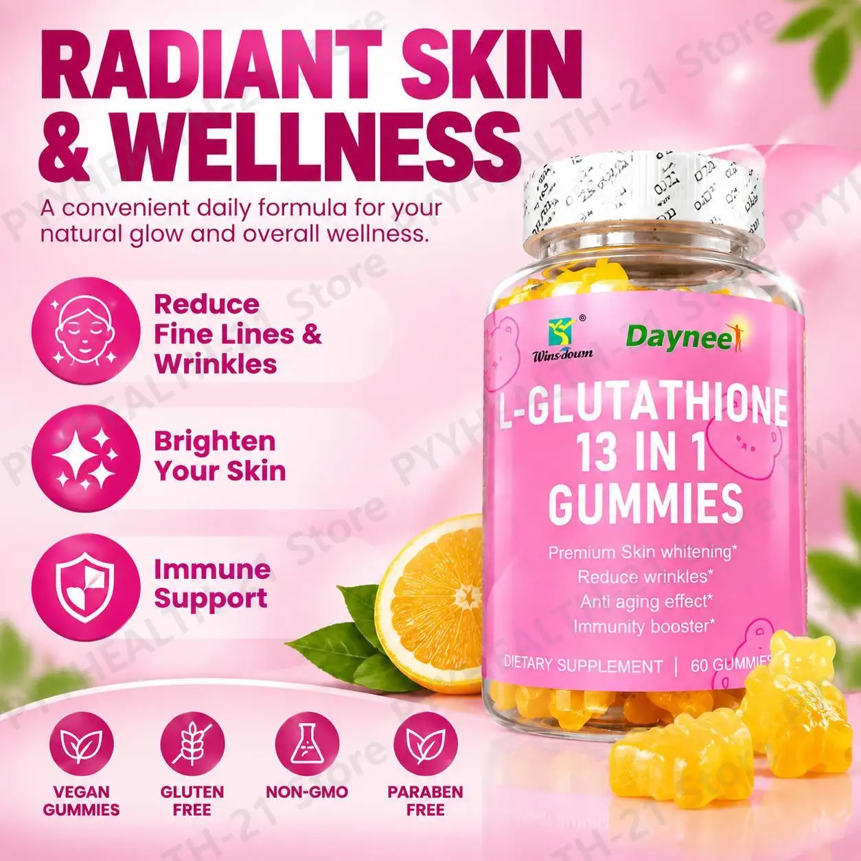 L-Glutathione 13 in 1 Gummies Supports Daily Skin Brightening Immune Health Collagen Vitamin C Biotin Hyaluronic Acid 60 Gummies