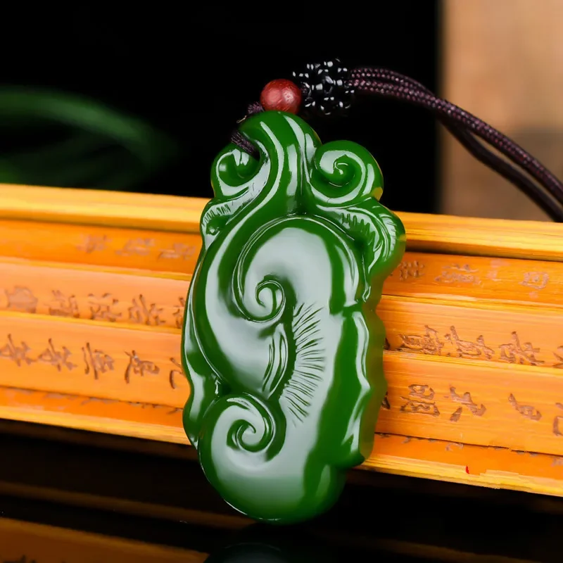 

Chinese Natural Green Jade Ruyi Pendant Necklace Hand-Carved Charm Jadeite Jewelry Fashion Amulet Gifts for Men Women