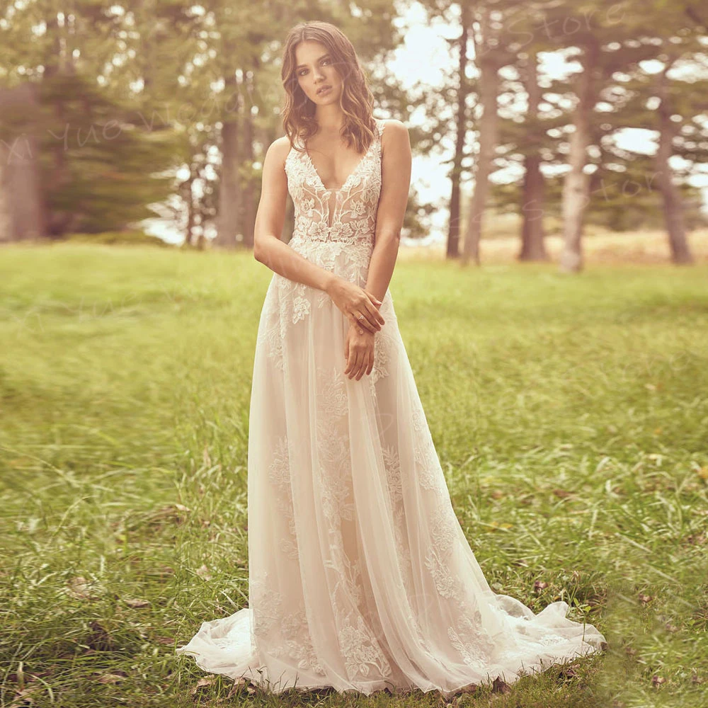 Vestido De novia De corte en A para mujer, traje bohemio exquisito con apliques De encaje, sin mangas, Espalda descubierta, cuello en V