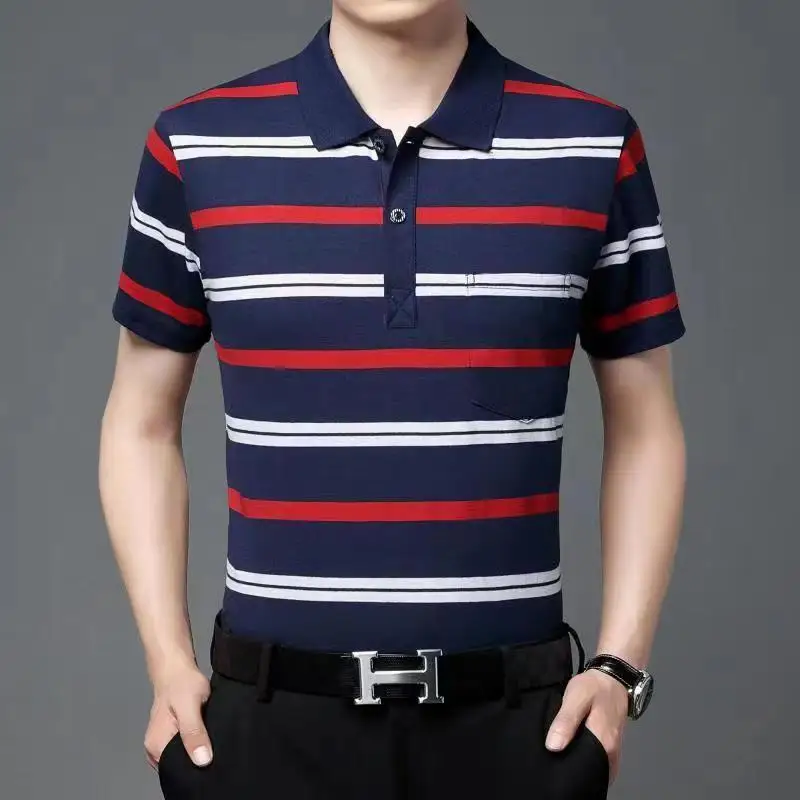 Fashion Men Summer Casual Striped Polo Shirts Streetwear Basic Business Male Clothes Quick Dry Cotton Loose Short Sleeve Tops