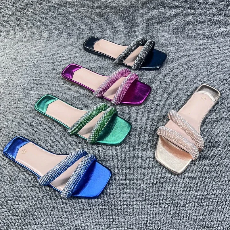 Brand Designer Woman's Slippers Flat Outdoor Women Slides Summer Shoes 2024 Rhinestones Belt Comfort Beach Ladies Slipper