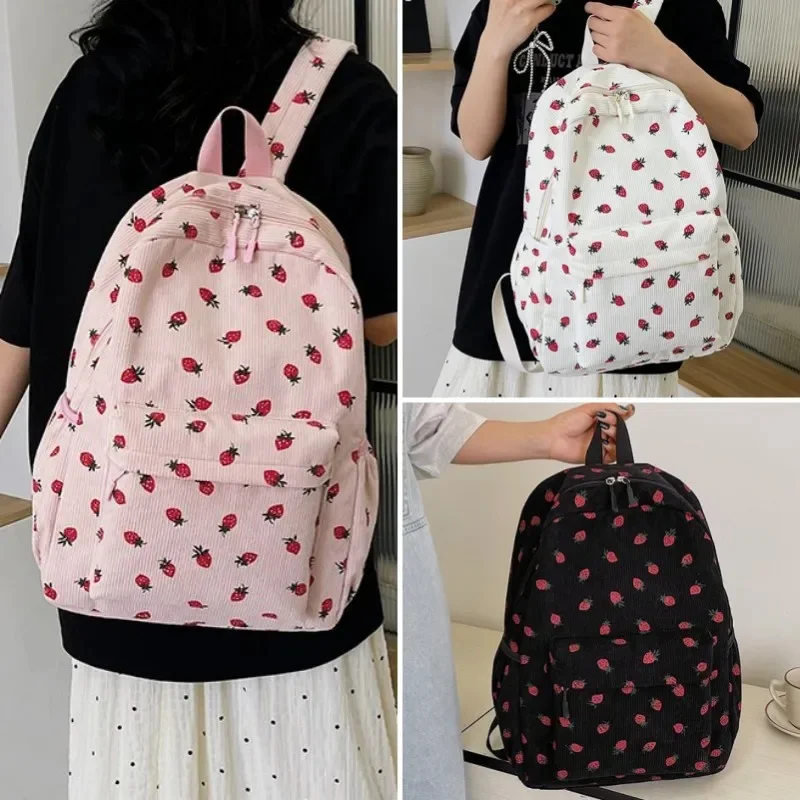 

Corduroy Strawberry Backpack Large Capacity Daily Rucksack Stylish Laptop Backpack New Multi-pockets Adjustable Strap School Bag