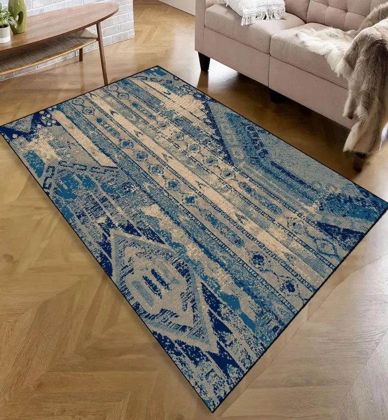 Bohemian Style Carpet Denim Blue Series Carpet Retro Patchwork Woven Printed Decorative Floor Mat Bedroom Living Room Rug