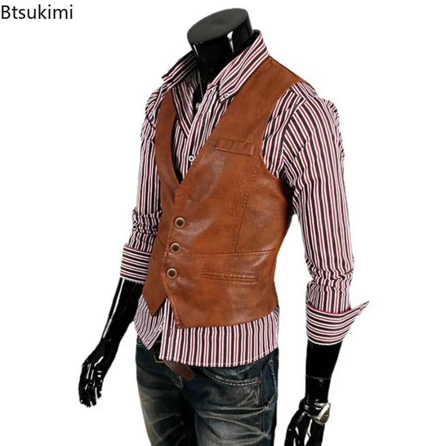 Plus Size 7XL Men's Fashion PU Leather Vest Korean Style Slim Design Sleeveless Leather Tops Business Party Waistcoat Gentleman