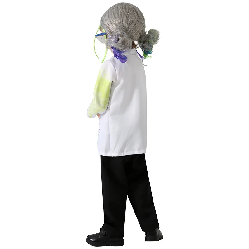 Girls Mad Scientist Costume Boys Crazy Scientist Halloween Costume Purim Party Cosplay with Glasses Wig