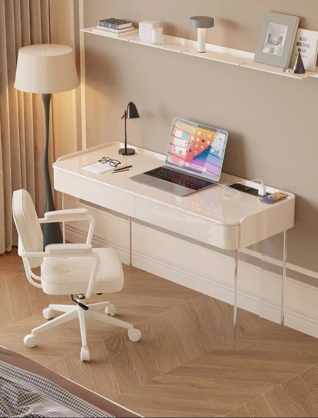 

Creamy White Acrylic Desk Matches Luxe Office Chair, Creating a Healing Modern Minimalist Workspace