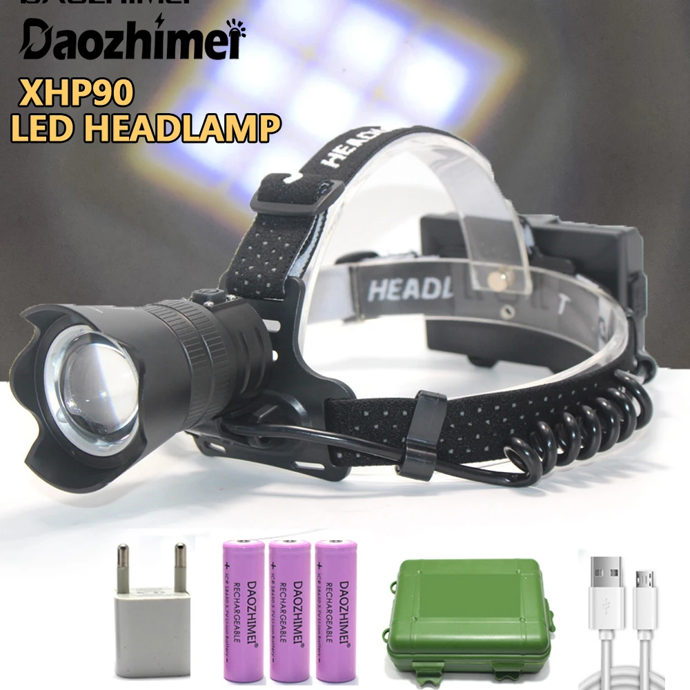 Outdoor Waterproof Ultra powerful LED Headlamp XHP90 USB Rechargeable Zoom Head Lamp 18650 Hunting Fishing Lantern