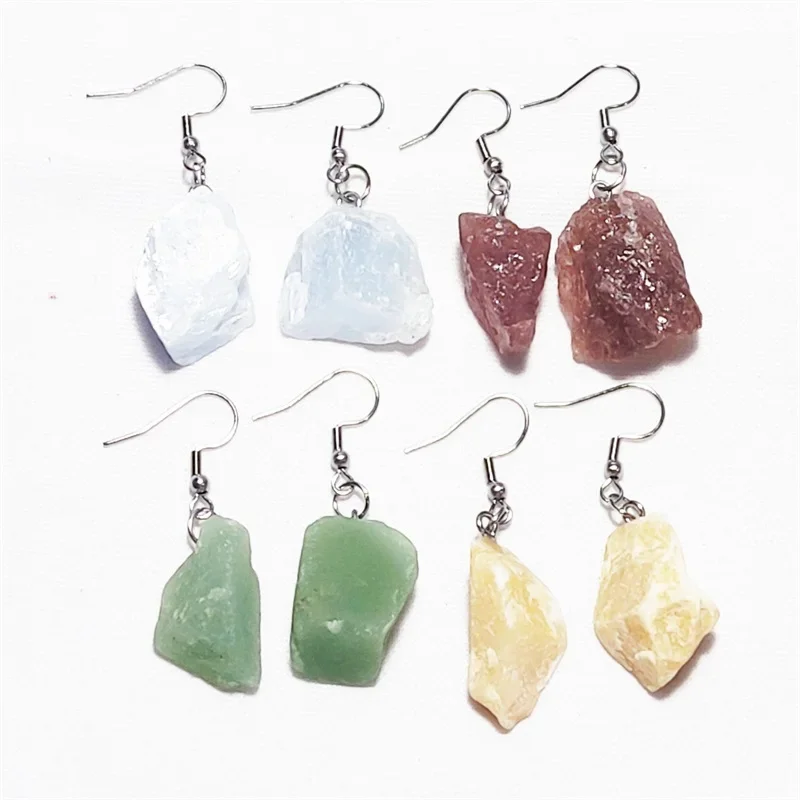 Irregular Rough Raw Ore Natural Stone Earrings Fluorite Amethysts Quartz Crystal Agates Stainless Steel Hook Earrings