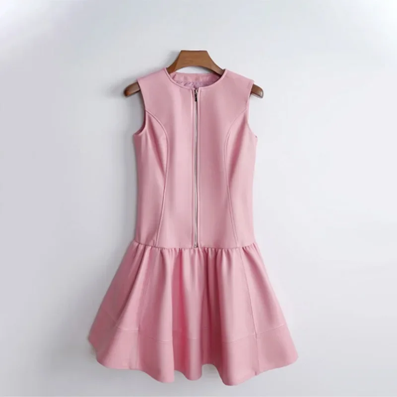 Genuine Leather Dress with Round Neck and Sleeveless Pleated A-line Sheepskin Pullover Dress